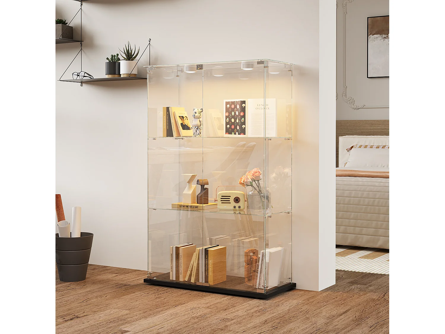 Freistehende Vitrine aus schwarzem Glas mit berührungsaktivierter LED-Beleuchtung, 3 Einlegeböden und 2 Türen