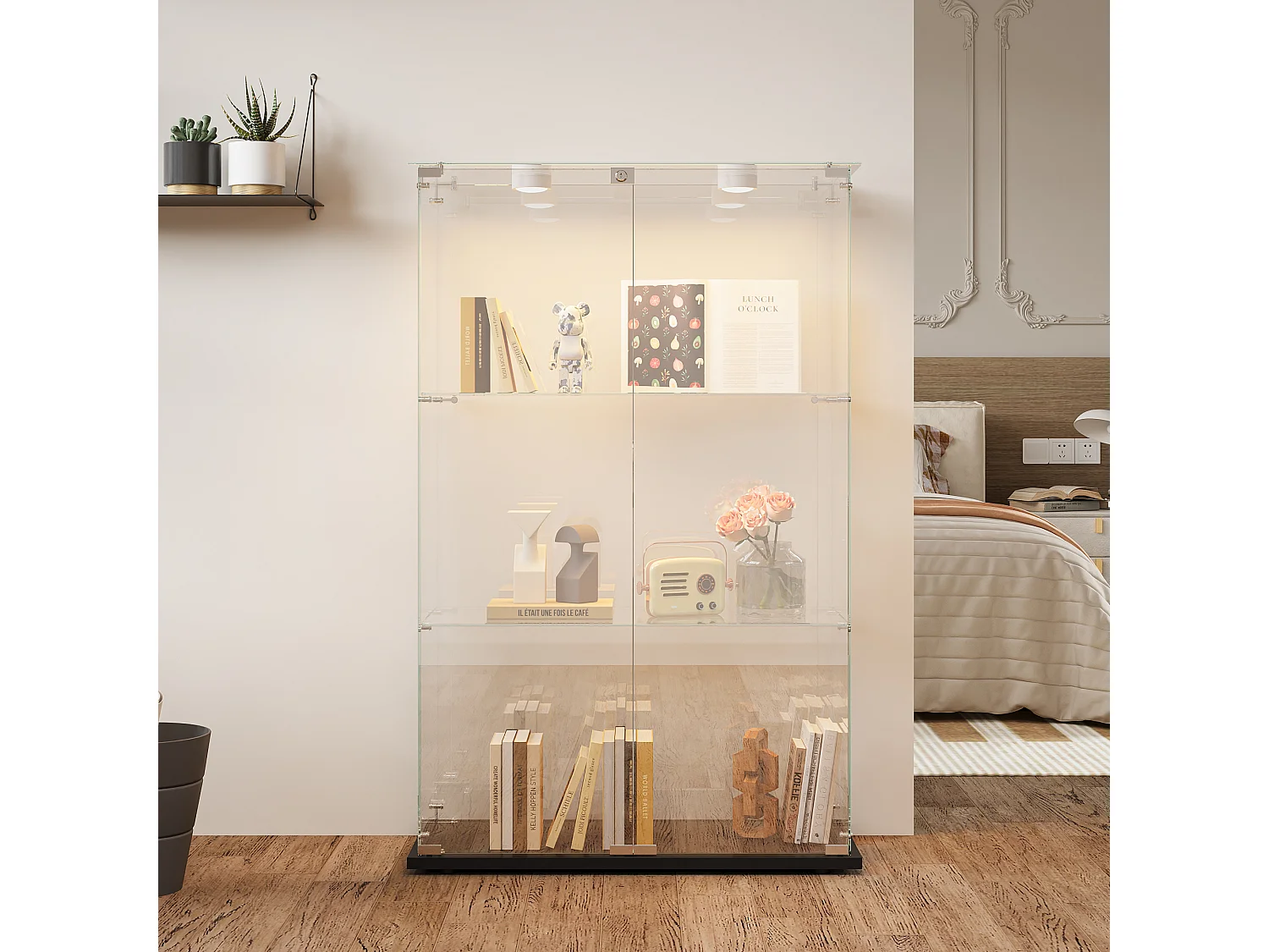 Freistehende Vitrine aus schwarzem Glas mit berührungsaktivierter LED-Beleuchtung, 3 Einlegeböden und 2 Türen