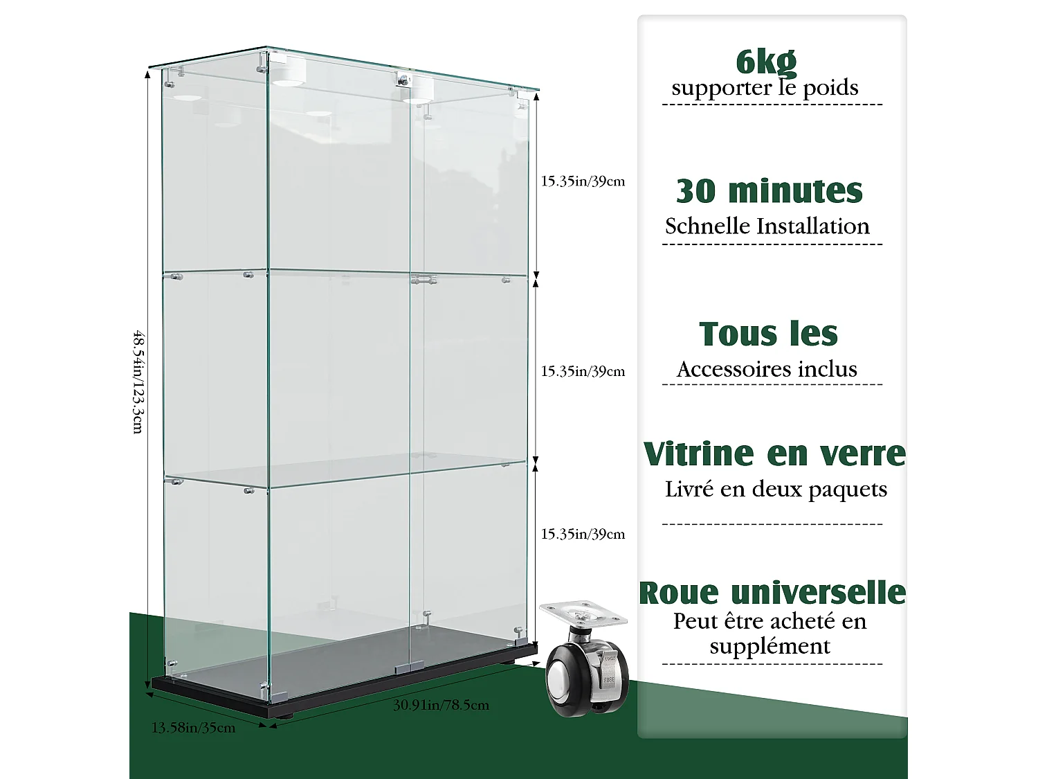 Freistehende Vitrine aus schwarzem Glas mit berührungsaktivierter LED-Beleuchtung, 3 Einlegeböden und 2 Türen