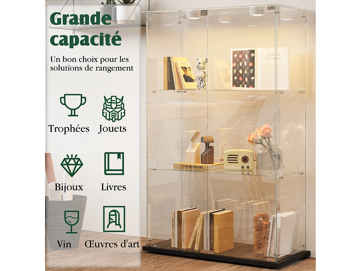 Freistehende Vitrine aus schwarzem Glas mit berührungsaktivierter LED-Beleuchtung, 3 Einlegeböden und 2 Türen