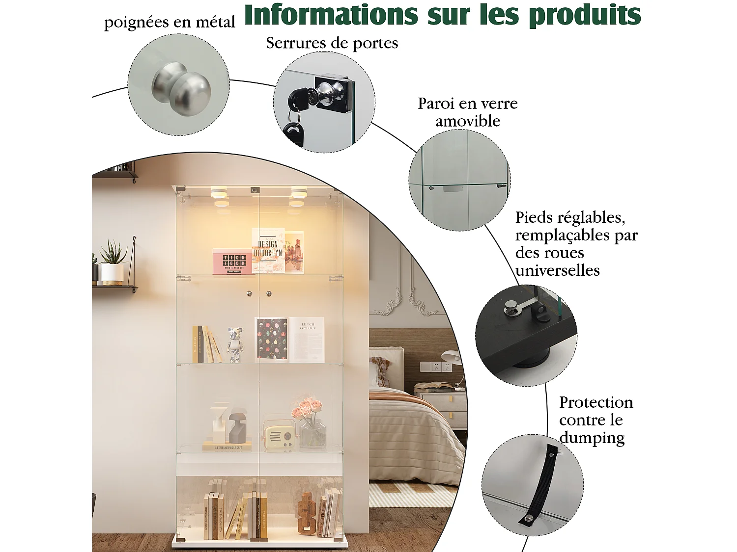 Vitrine sur pied 2 portes en verre avec LED intégrée à tapotement, salon, 163 x 78,5 x 35 cm, Blanc