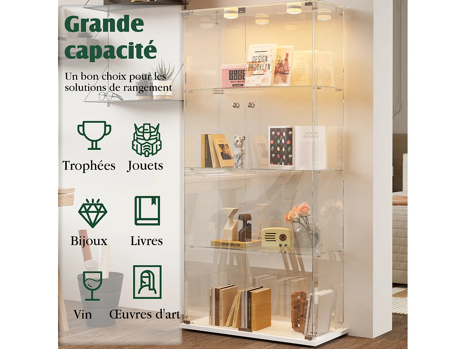 Vitrine sur pied 2 portes en verre avec LED intégrée à tapotement, salon, 163 x 78,5 x 35 cm, Blanc