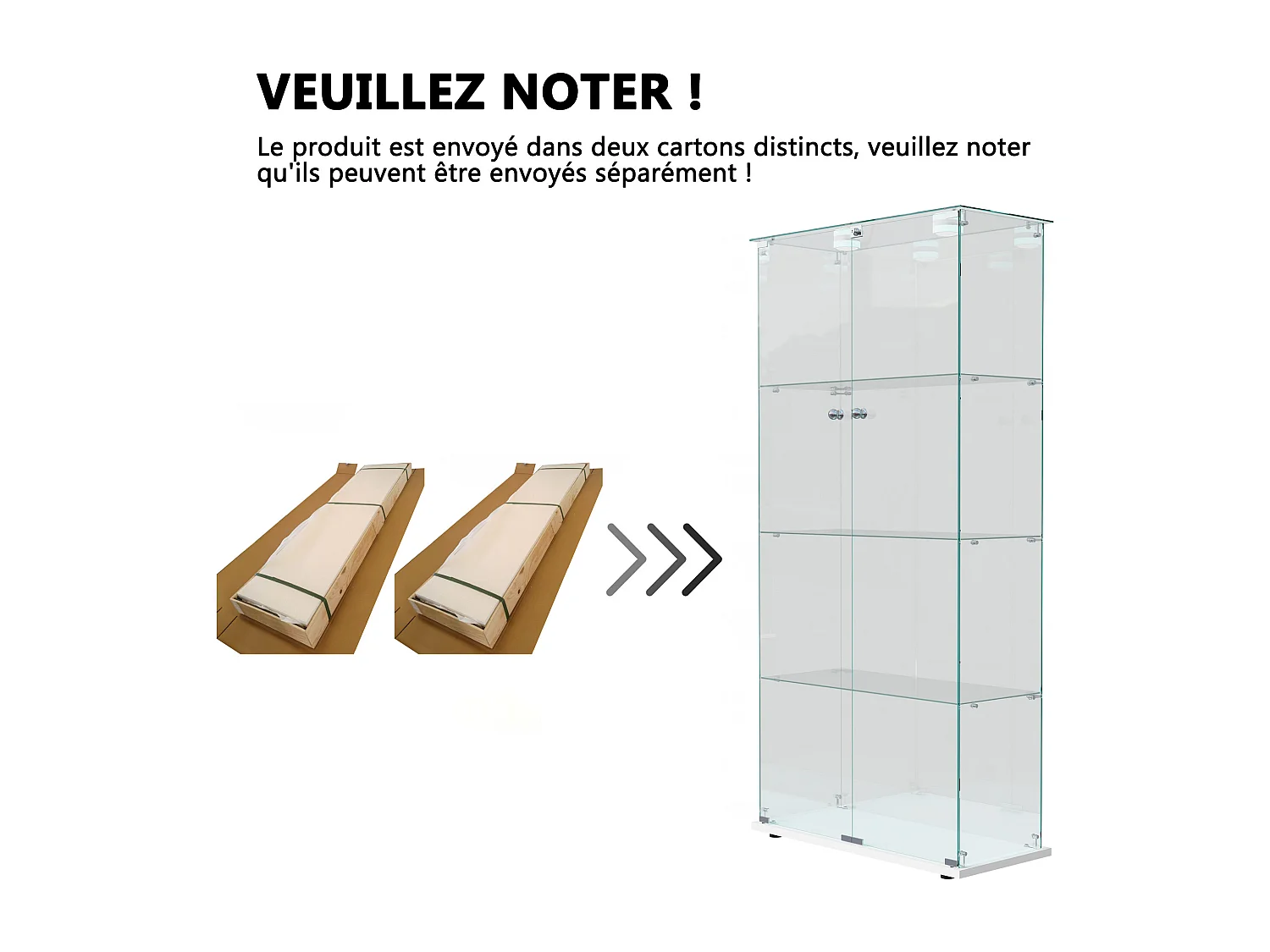 Vitrine sur pied 2 portes en verre avec LED intégrée à tapotement, salon, 163 x 78,5 x 35 cm, Blanc