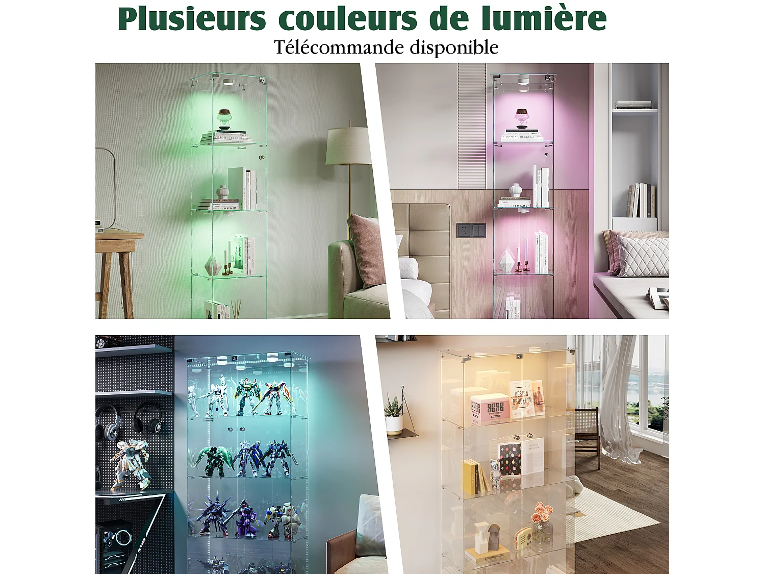 Vitrine sur pied 2 portes en verre avec LED intégrée à tapotement, salon, 163 x 78,5 x 35 cm, Blanc