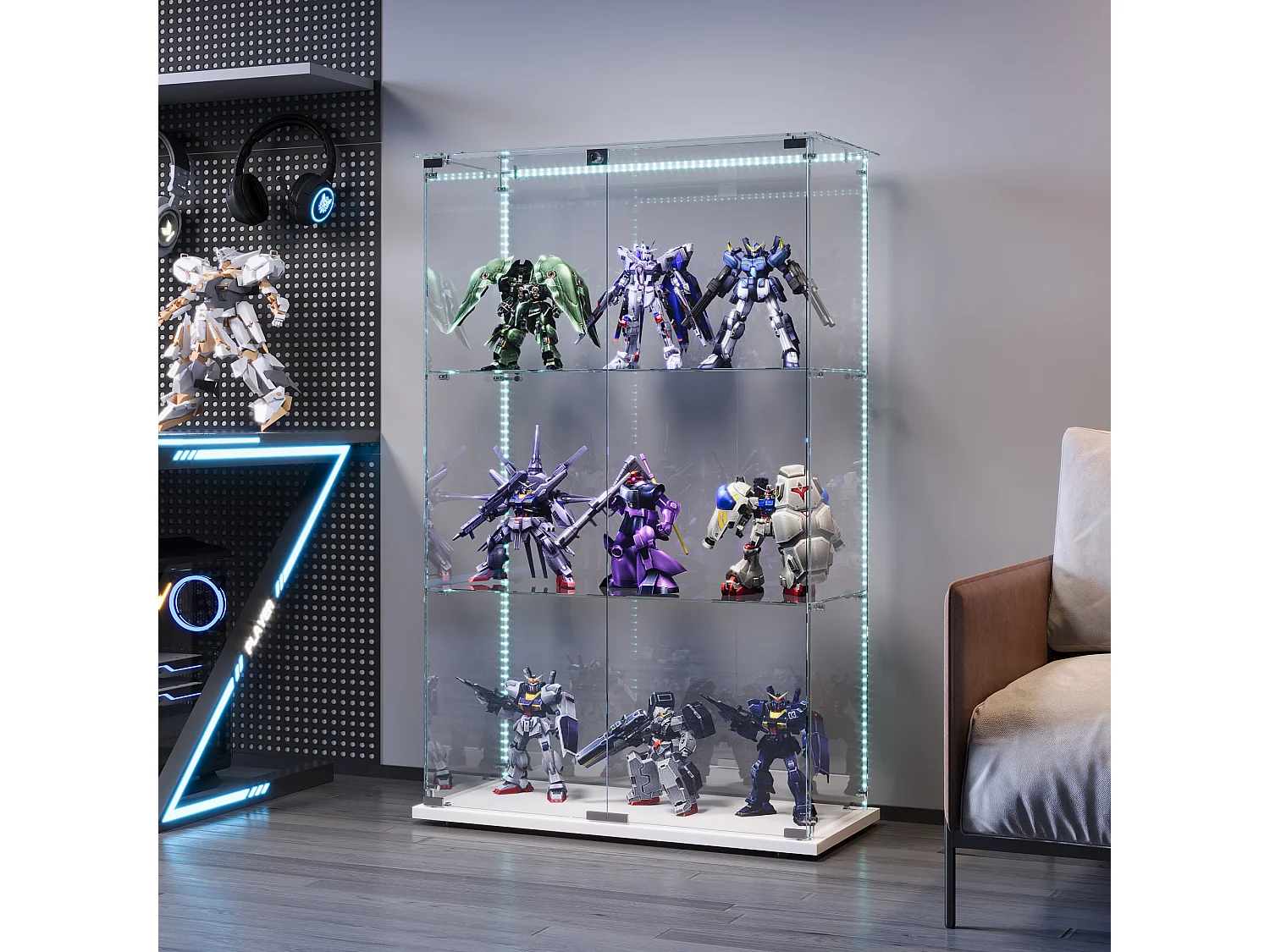 Vitrine sur pied en verre - Vitrine sur pied avec LED - 3 couches - 2 portes et serrure - blanc