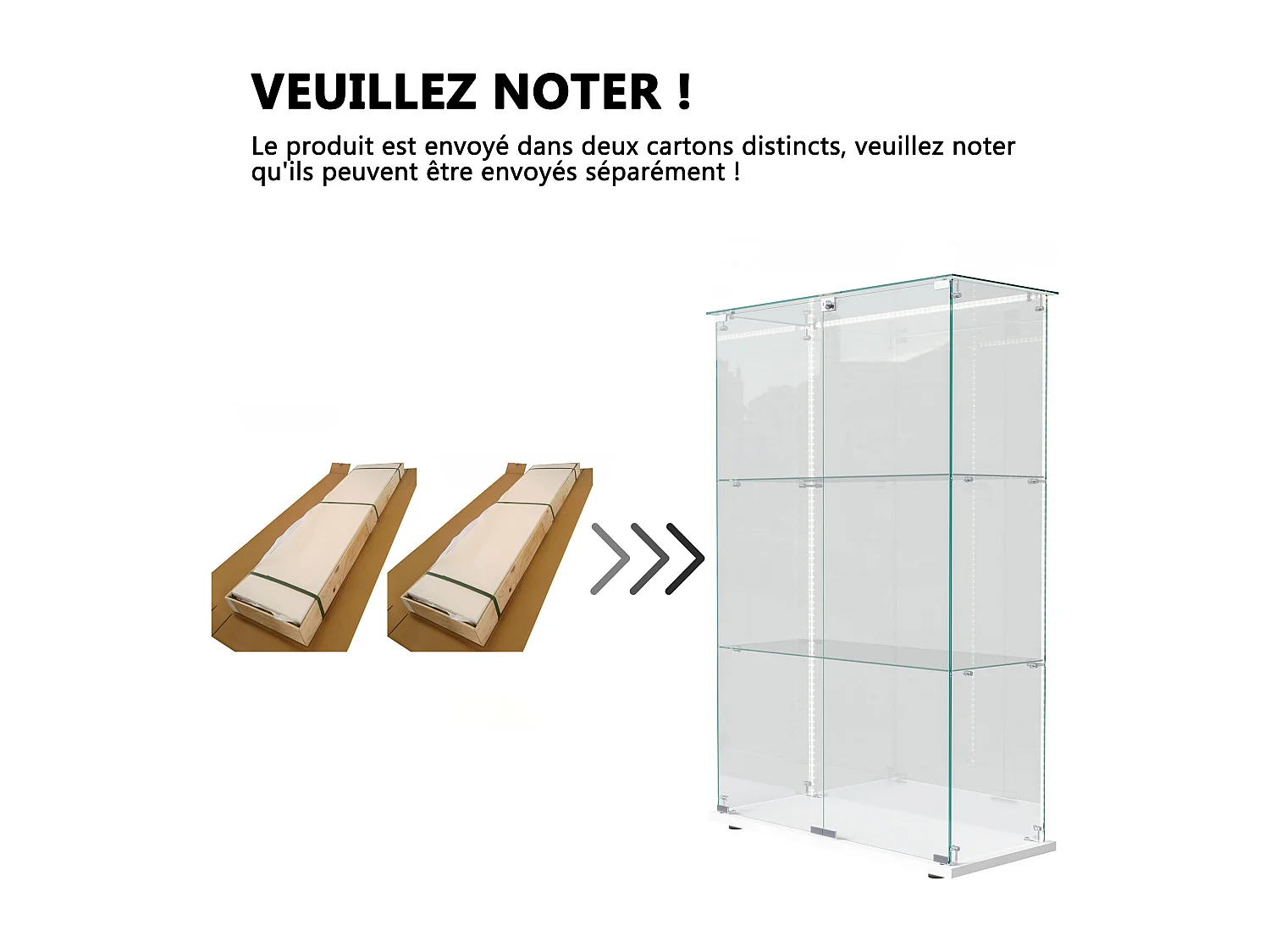 Vitrine sur pied en verre - Vitrine sur pied avec LED - 3 couches - 2 portes et serrure - blanc