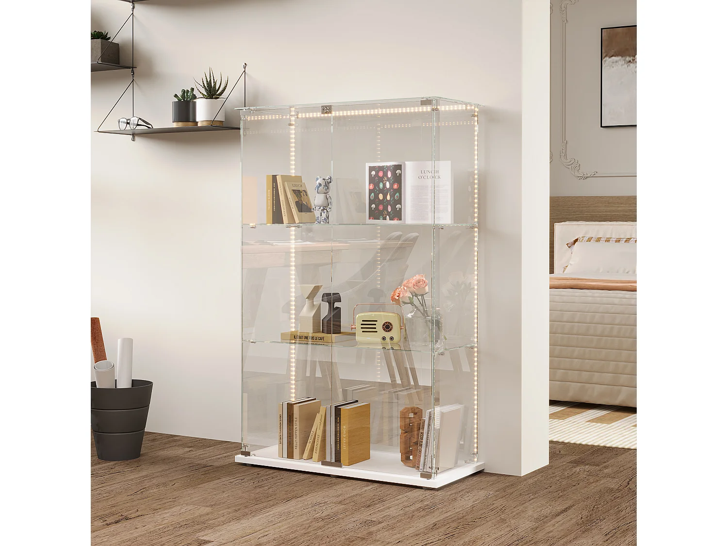 Vrijstaande glazen vitrine - Vrijstaande vitrine met LED-verlichting - 3 planken - 2 deuren en slot - wit