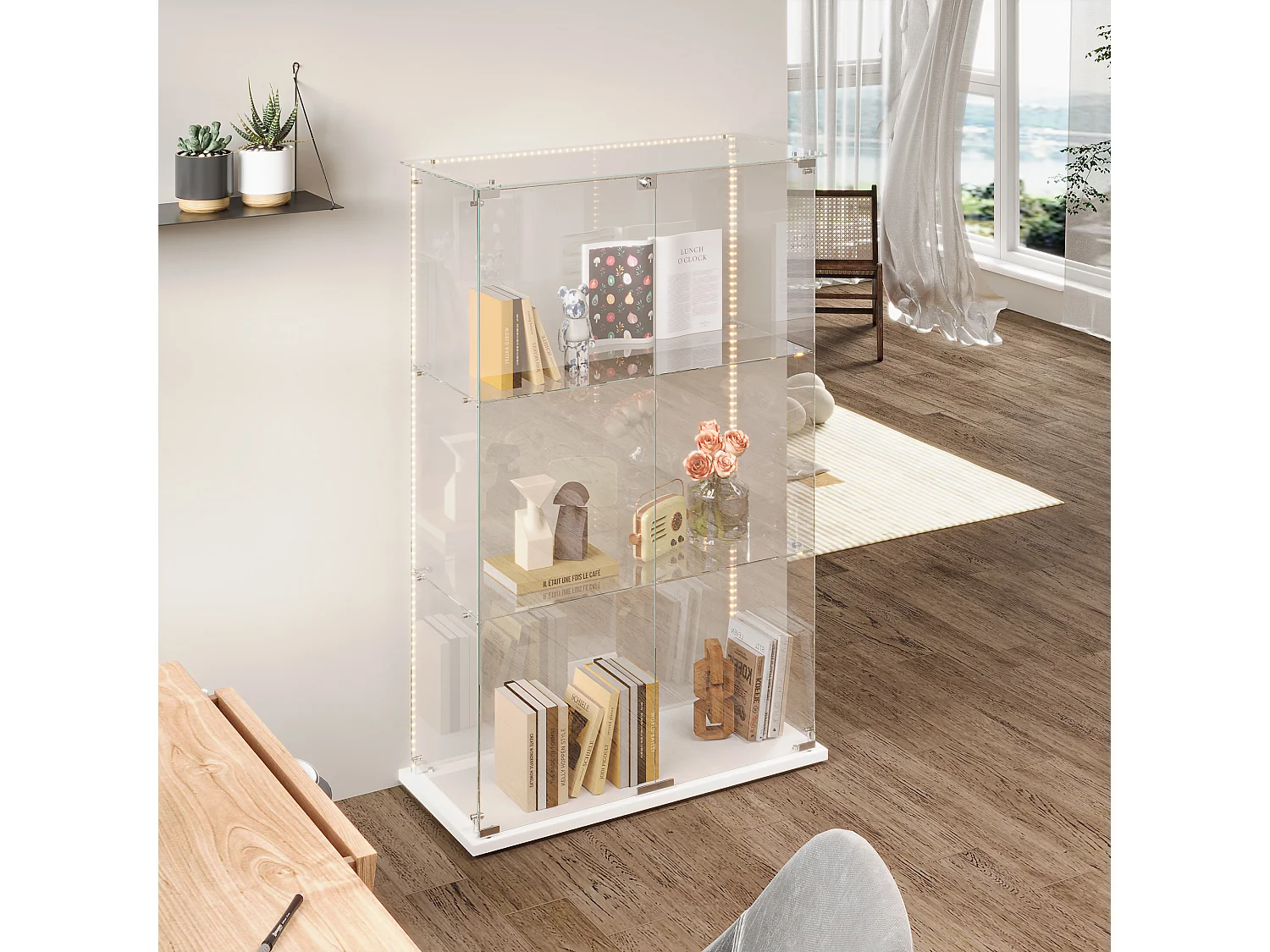 Vrijstaande glazen vitrine - Vrijstaande vitrine met LED-verlichting - 3 planken - 2 deuren en slot - wit