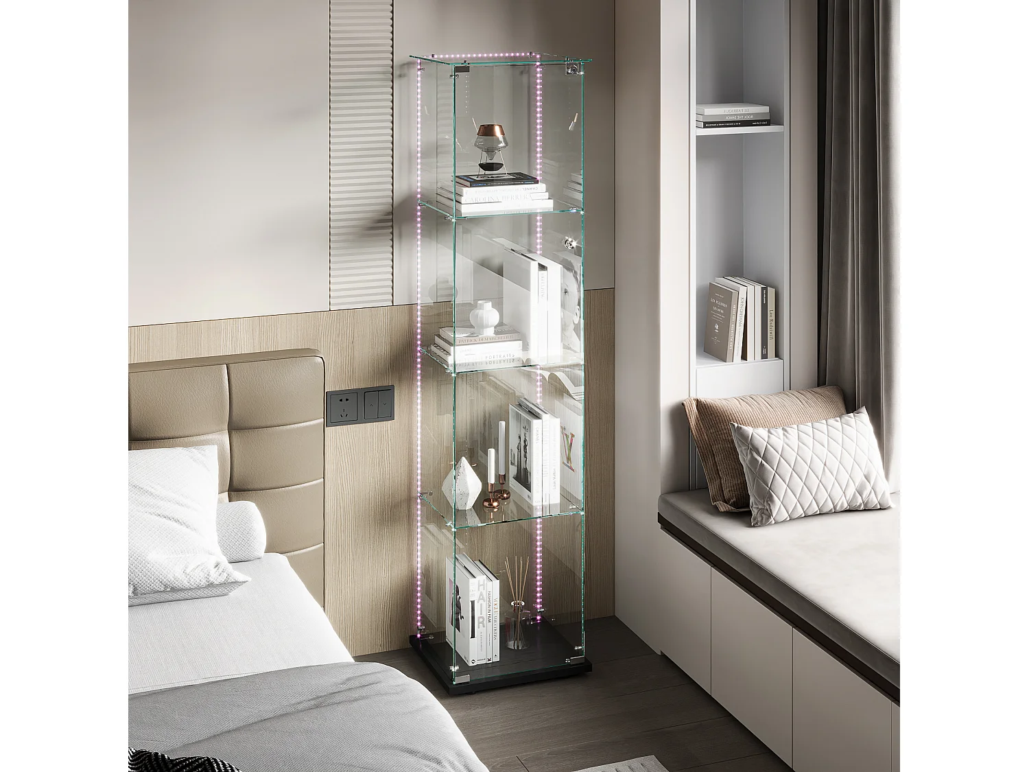 Vitrinekast van glas met ledverlichting, afsluitbare deuren en planken, vitrinekast voor woonkamer/bar, 163x40x35 cm, zwart