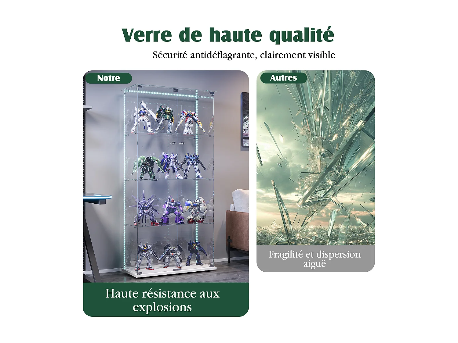 Vitrine en verre, Vitrine,Armoire de collection avec LED,4étagères et2 portes, 78x35 x163 cm, Blanc