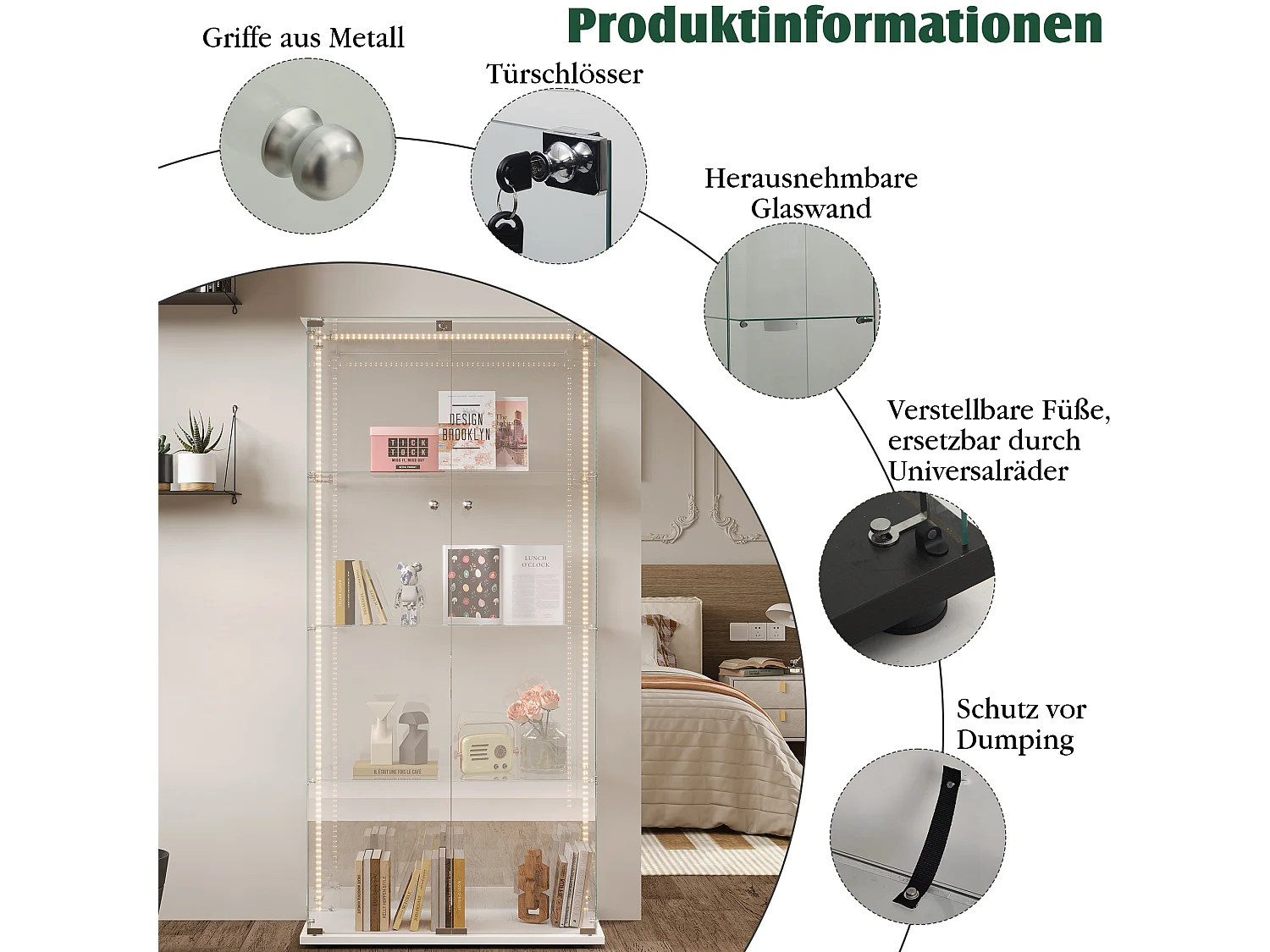 Vitrine en verre, Vitrine,Armoire de collection avec LED,4étagères et2 portes, 78x35 x163 cm, Blanc