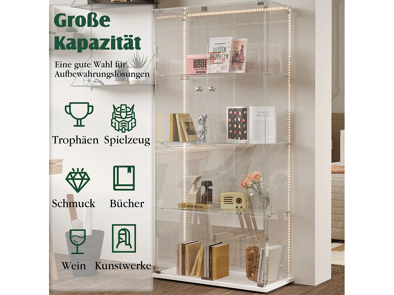 Vitrine de vidro com iluminação LED, 4 prateleiras e 2 portas, 78x35x163 cm, branca.