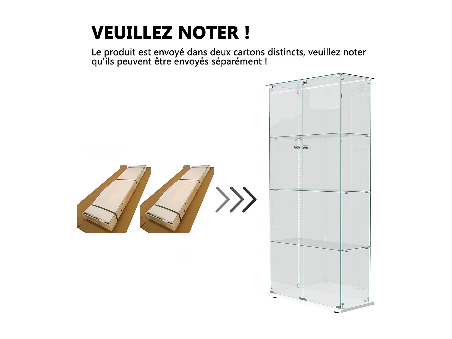 Vitrine de vidro com iluminação LED, 4 prateleiras e 2 portas, 78x35x163 cm, branca.