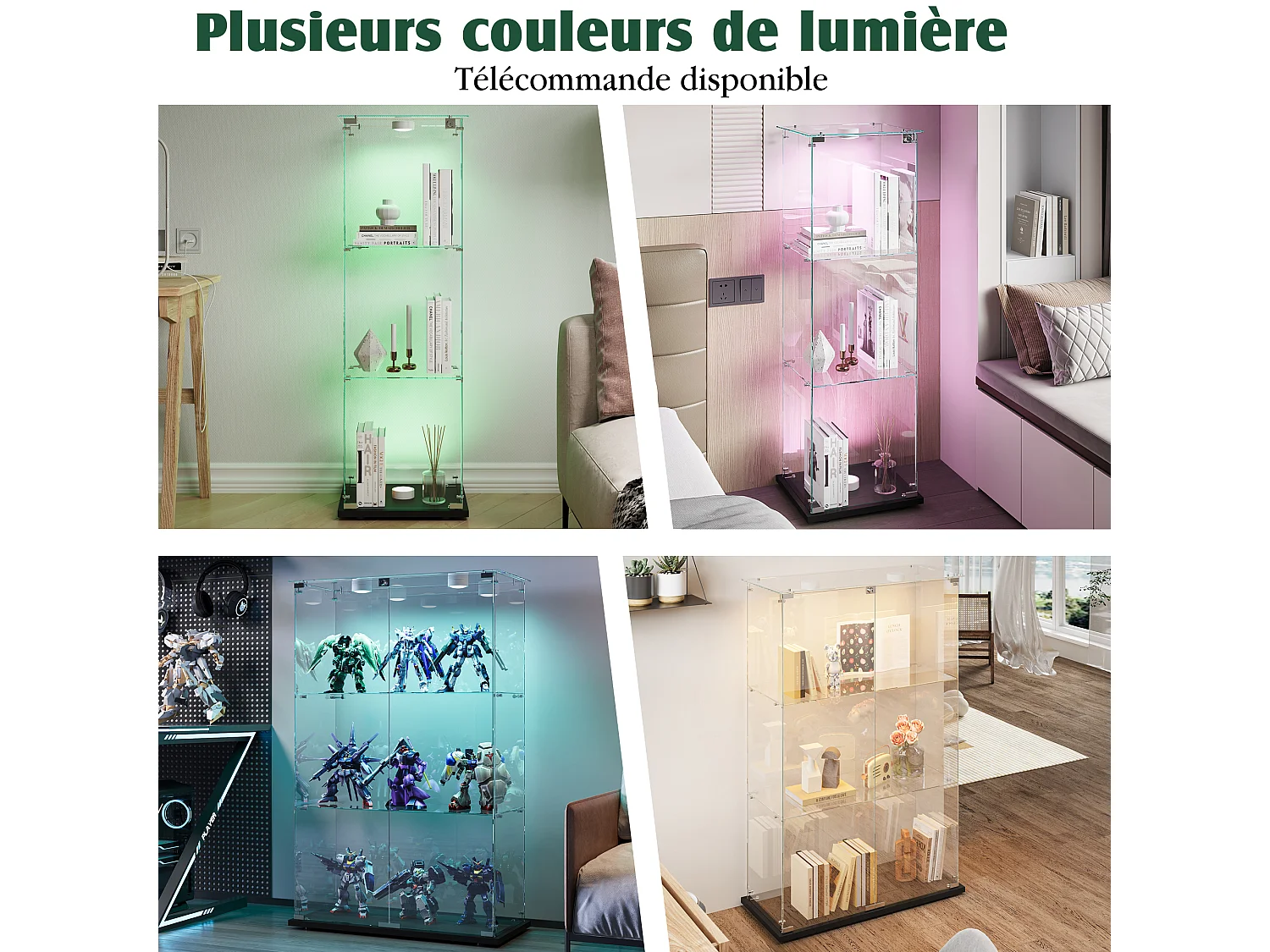 Vitrine en Verre avec LED à tapotement, 1 Portes, 3 Étagères Adjustables, 125 x 42 x 36 cm, Noir