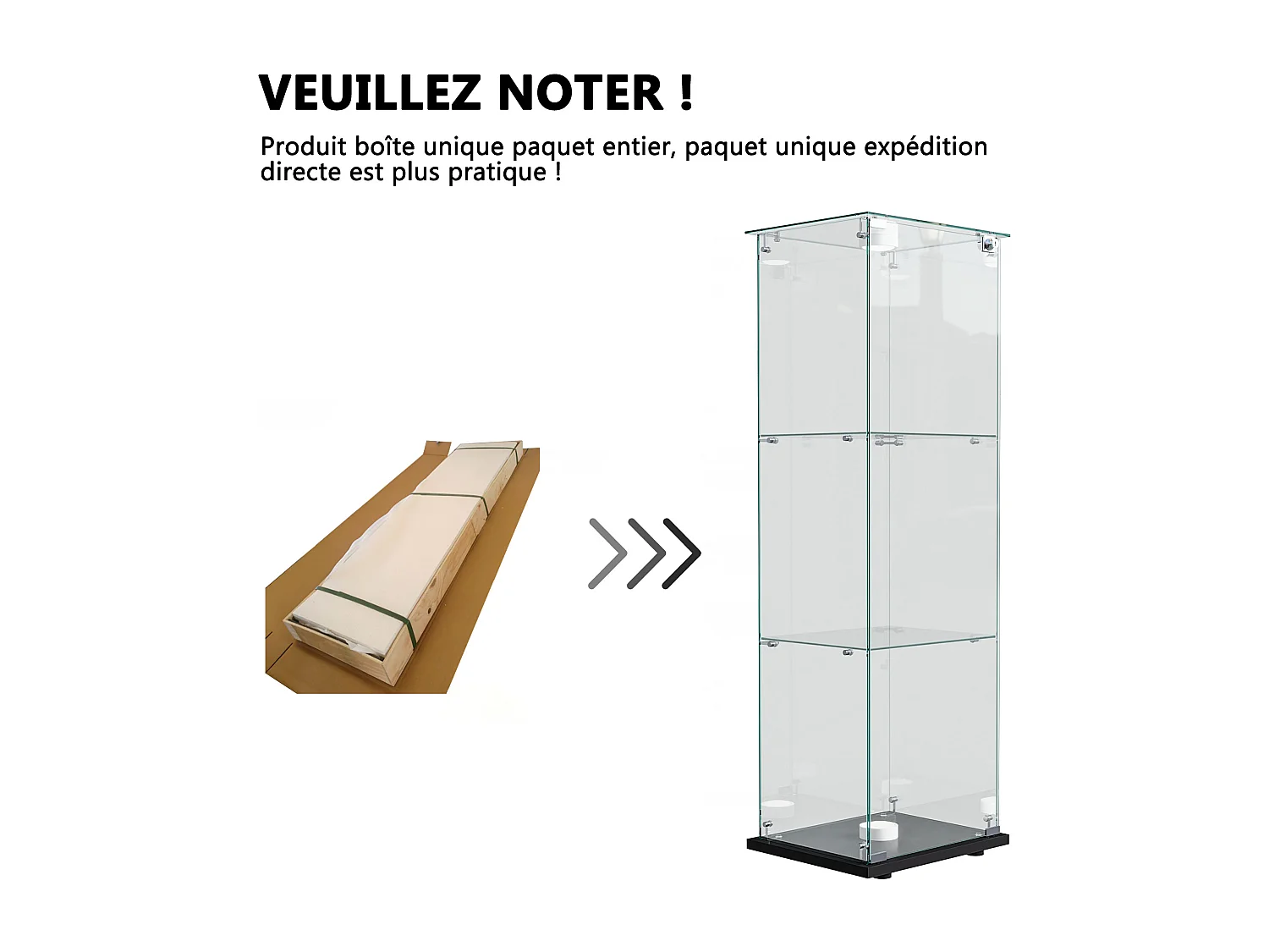 Vitrine en Verre avec LED à tapotement, 1 Portes, 3 Étagères Adjustables, 125 x 42 x 36 cm, Noir
