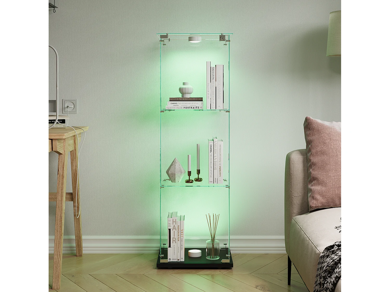 Vitrinekast met kraangestuurde LED-verlichting, 1 deur, 3 verstelbare planken, 125 x 42 x 36 cm, Zwart