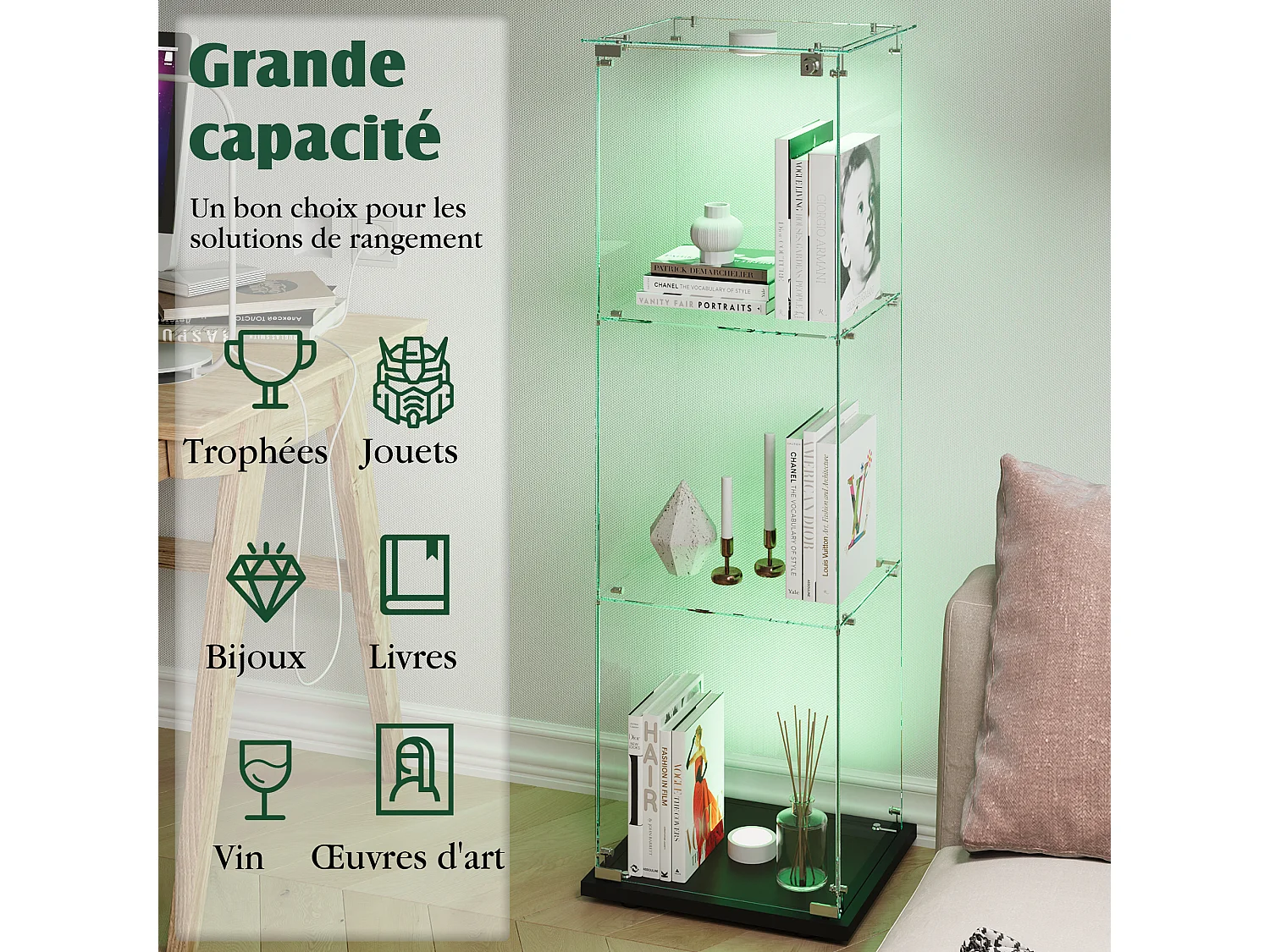 Vitrinekast met kraangestuurde LED-verlichting, 1 deur, 3 verstelbare planken, 125 x 42 x 36 cm, Zwart