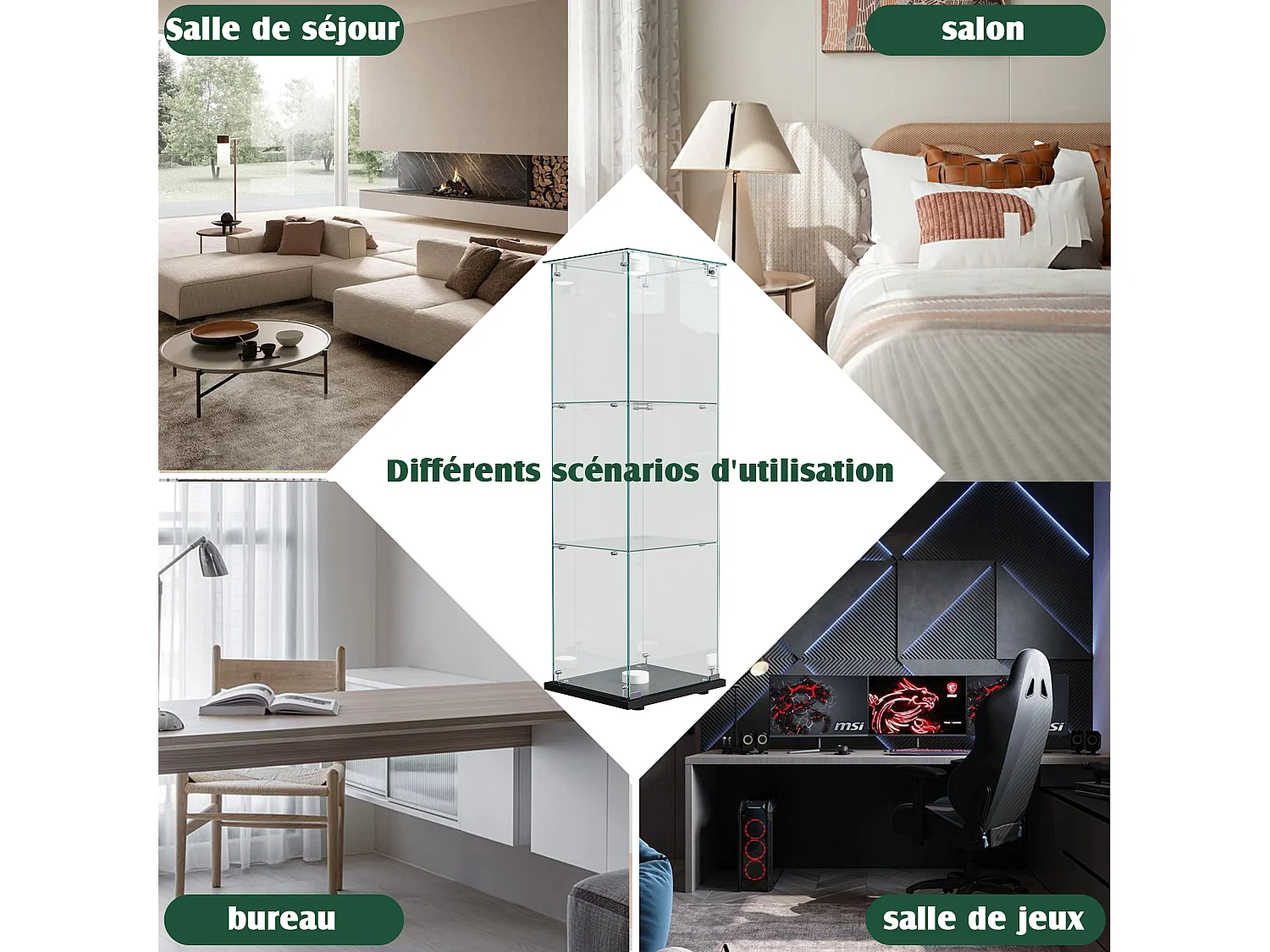 Vitrinekast met kraangestuurde LED-verlichting, 1 deur, 3 verstelbare planken, 125 x 42 x 36 cm, Zwart