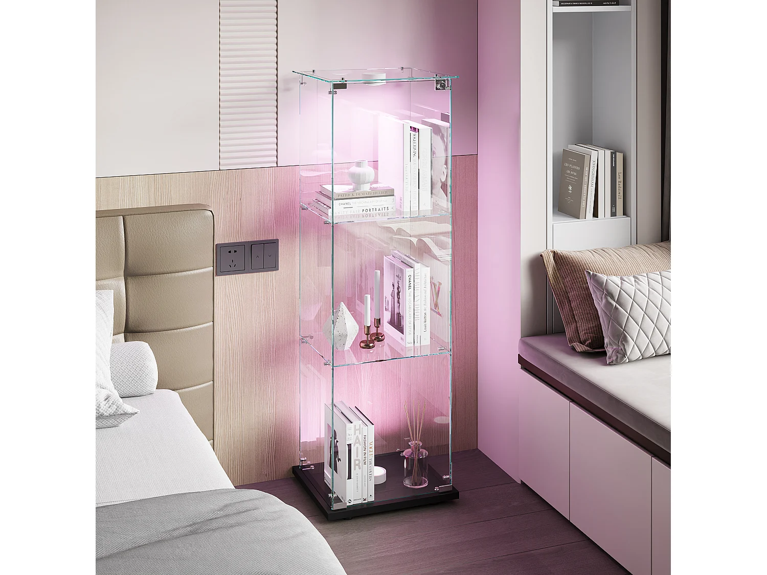 Vitrinekast met kraangestuurde LED-verlichting, 1 deur, 3 verstelbare planken, 125 x 42 x 36 cm, Zwart