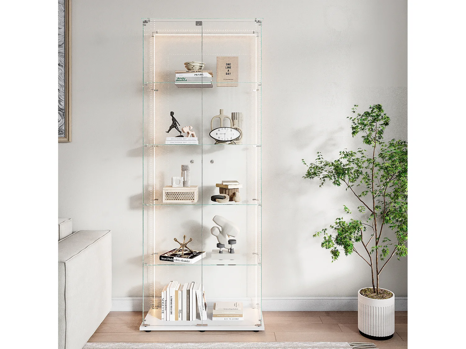 Vitrinekast, vitrinekast, collectiekast met LED-verlichting, 5 legplanken en 2 deuren, 77x35x187 cm, Wit