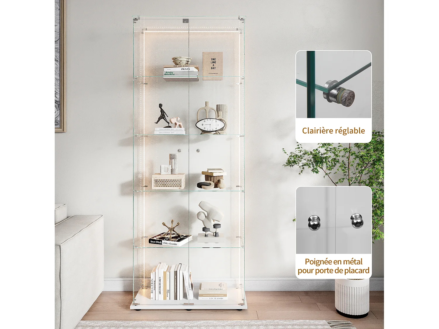 Vitrinekast, vitrinekast, collectiekast met LED-verlichting, 5 legplanken en 2 deuren, 77x35x187 cm, Wit