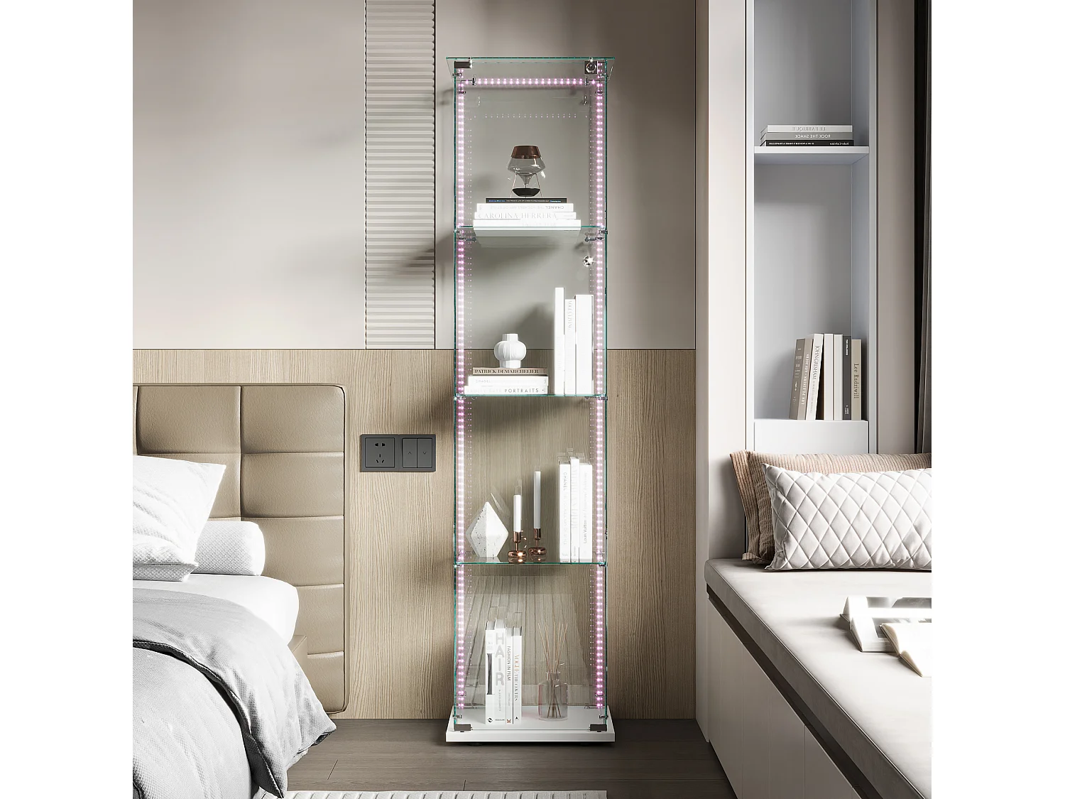Vitrinekast van glas met ledverlichting, afsluitbare deuren en planken, vitrinekast voor woonkamer/bar, 163x40x35 cm, wit