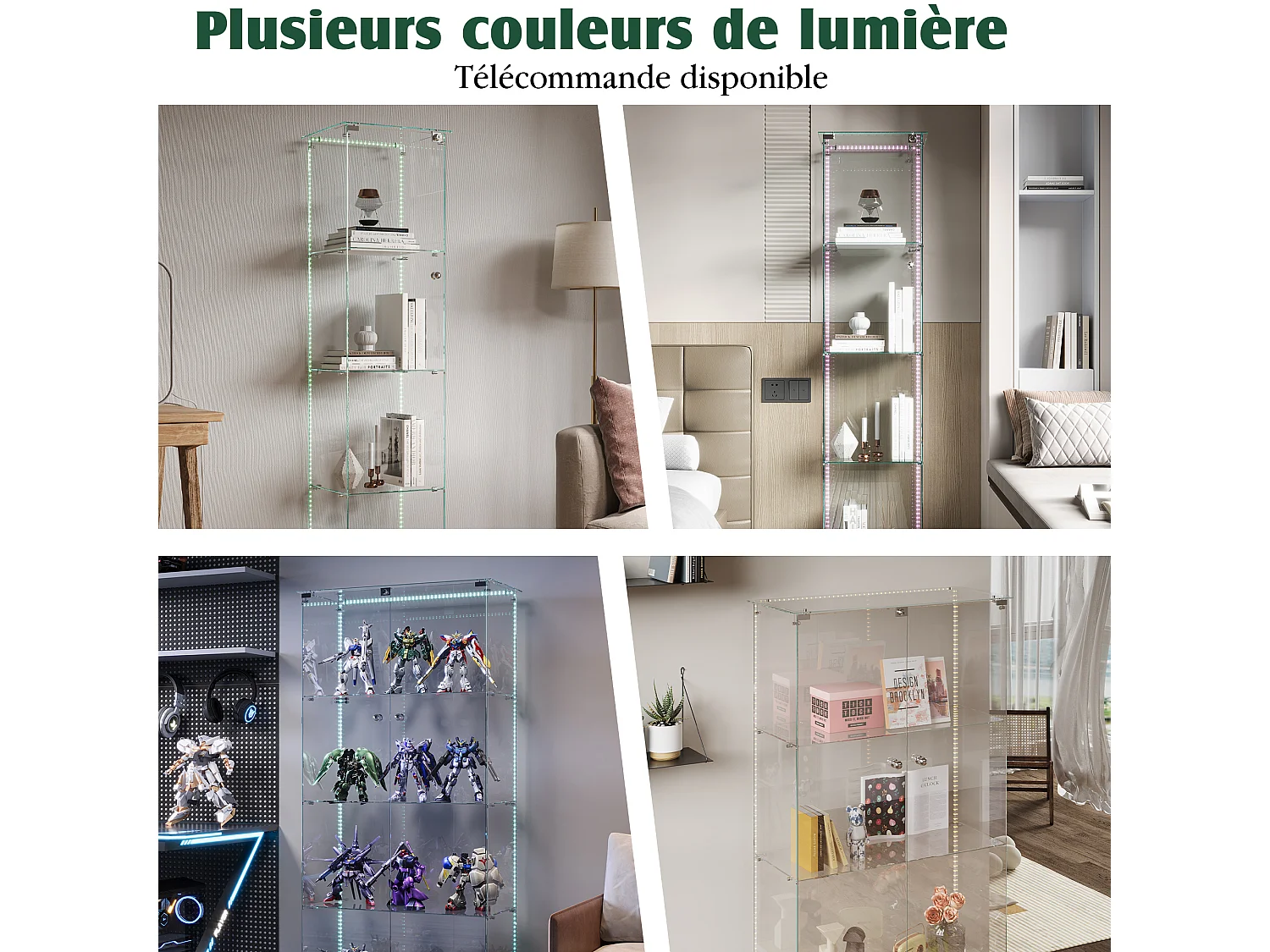 Vitrinekast van glas met ledverlichting, afsluitbare deuren en planken, vitrinekast voor woonkamer/bar, 163x40x35 cm, wit