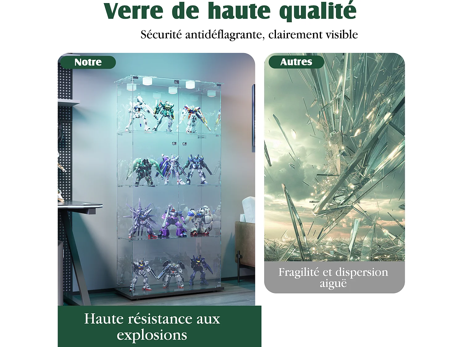 Vitrine sur pied 2 portes en verre avec LED intégrée à tapotement, salon, 163 x 78,5 x 35 cm, Noir