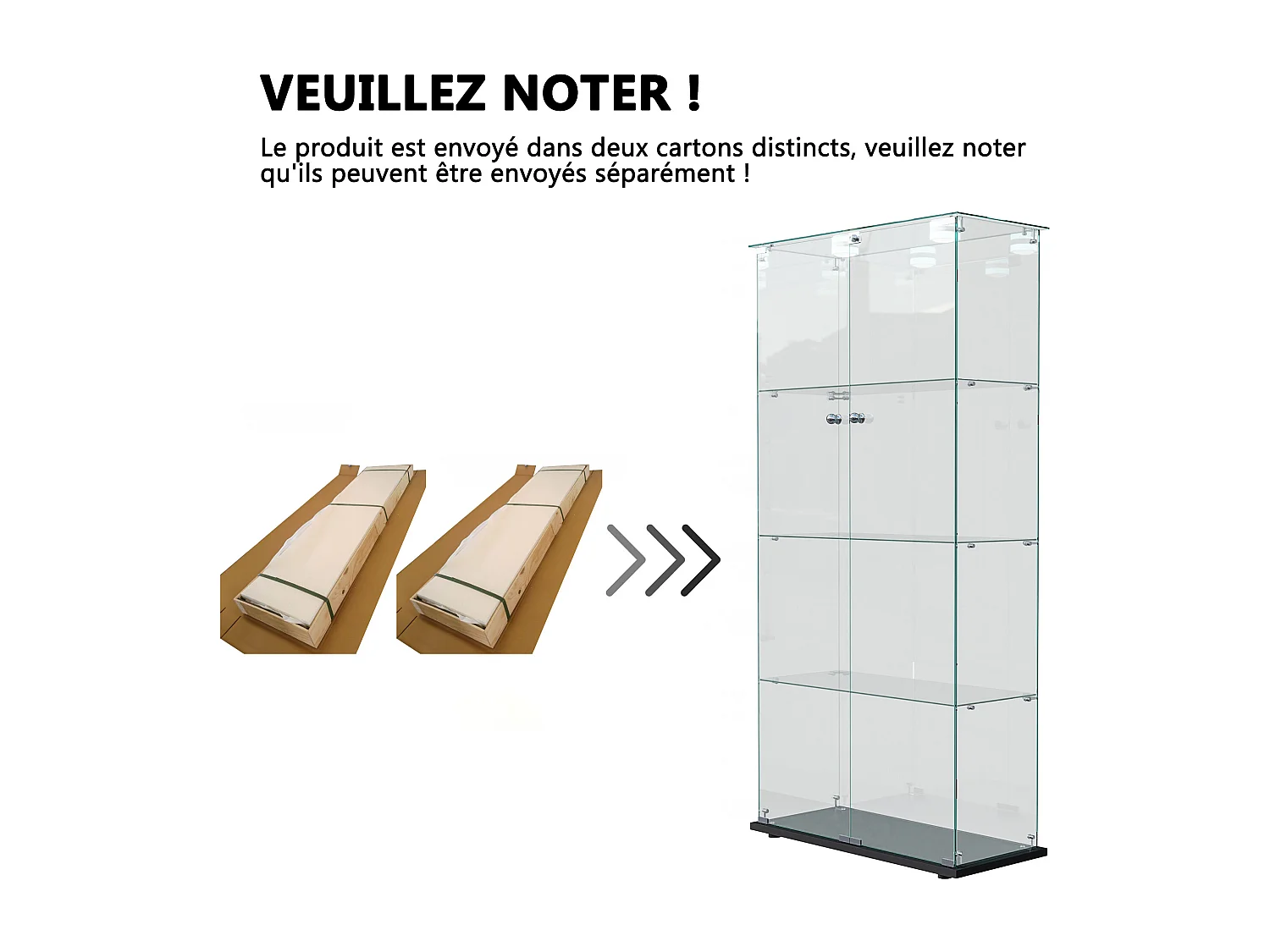 Vitrine sur pied 2 portes en verre avec LED intégrée à tapotement, salon, 163 x 78,5 x 35 cm, Noir