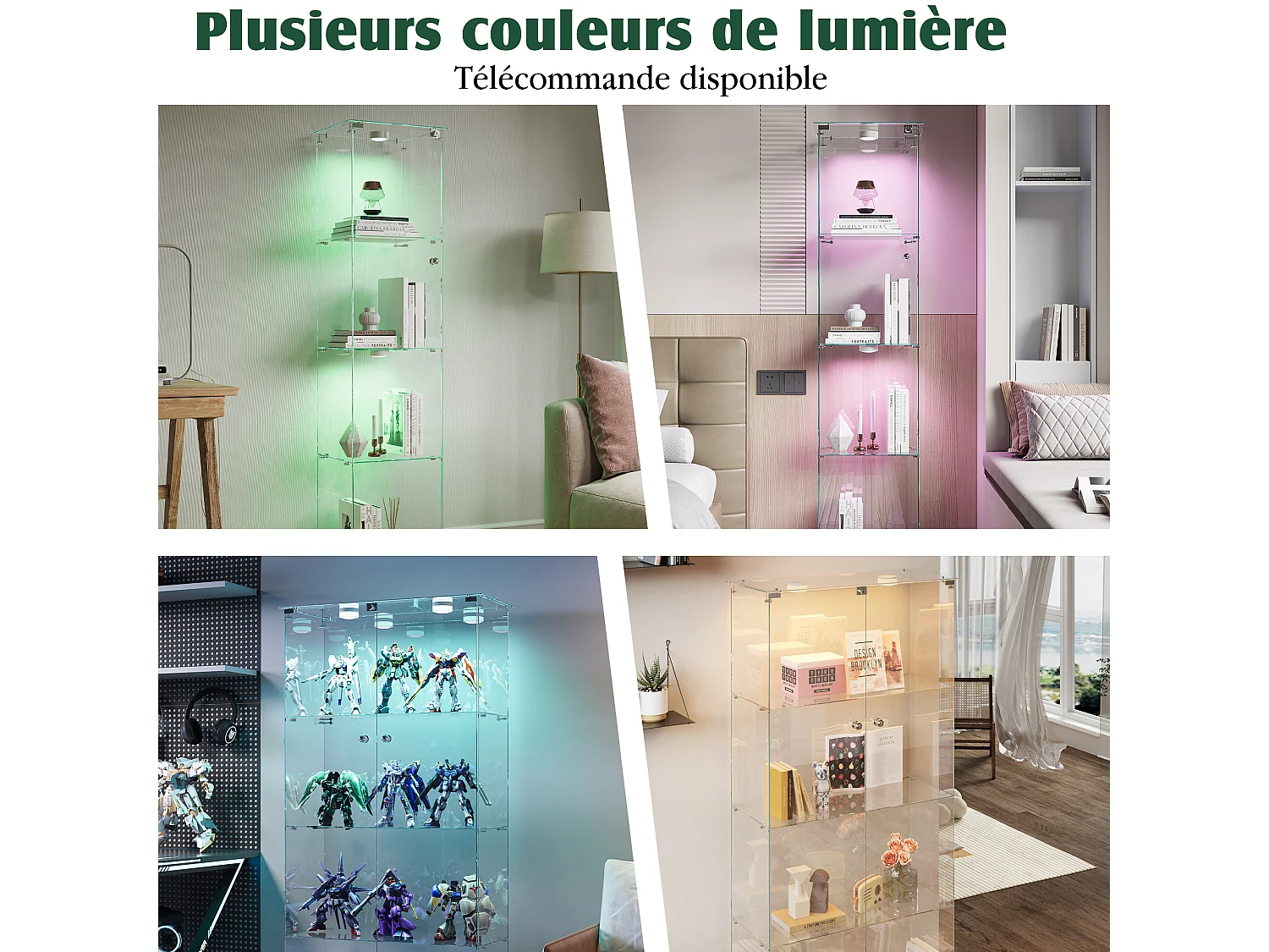 Vitrine sur pied 2 portes en verre avec LED intégrée à tapotement, salon, 163 x 78,5 x 35 cm, Noir
