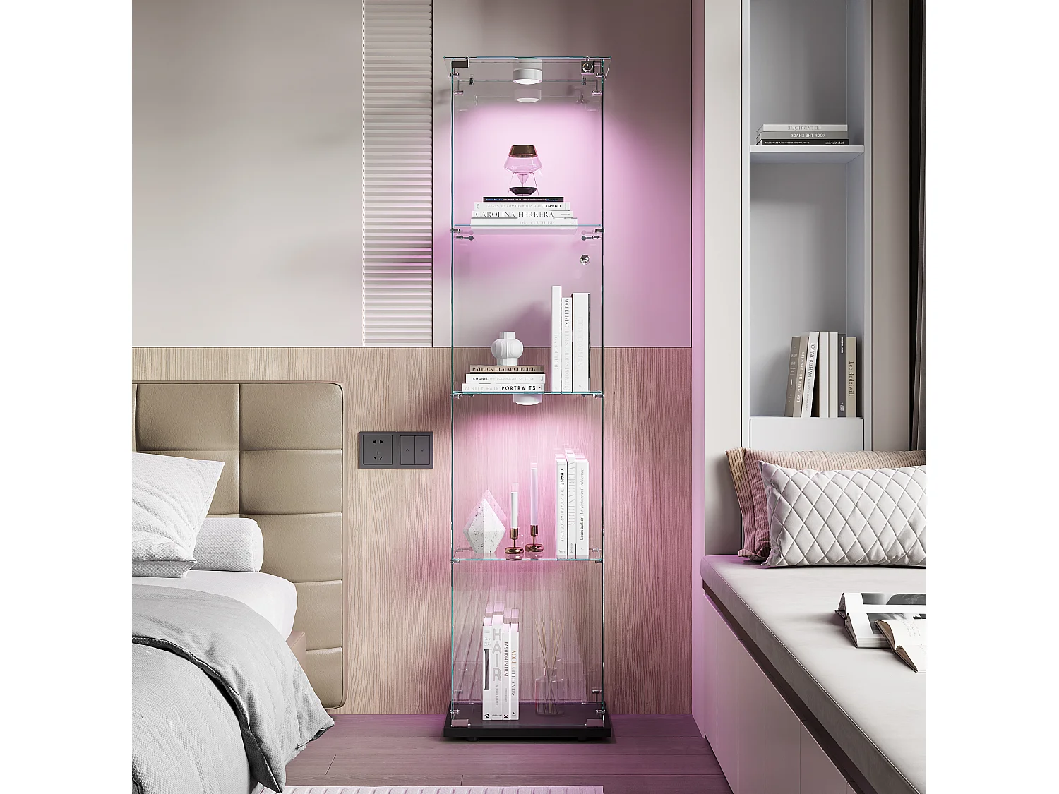 Vitrine de vidro com iluminação LED acionável por toque, portas e prateleiras com fechadura, 163x40x35 cm, preta