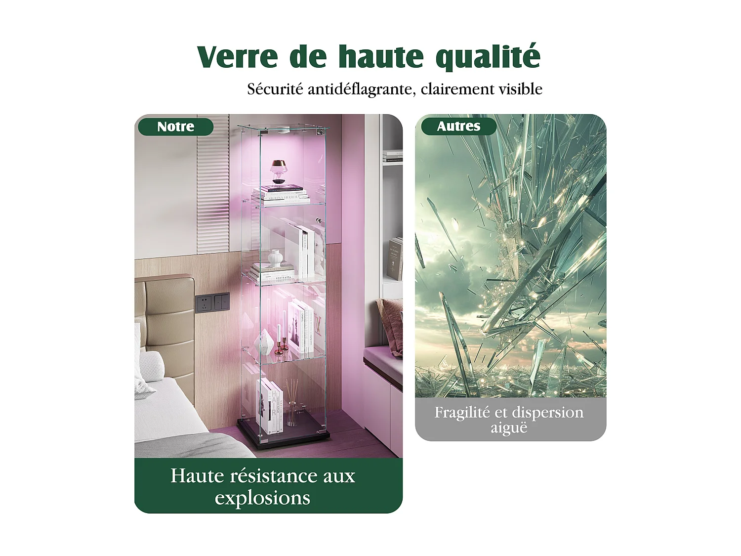 Vitrine de vidro com iluminação LED acionável por toque, portas e prateleiras com fechadura, 163x40x35 cm, preta