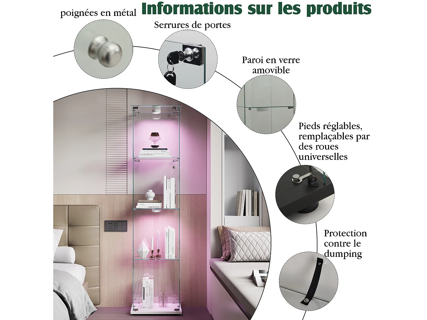 Vitrine en Verre avec LED tapotement, avec Portes à Serrure et Étagères Vitrines, 163x40x35 cm,Blanc