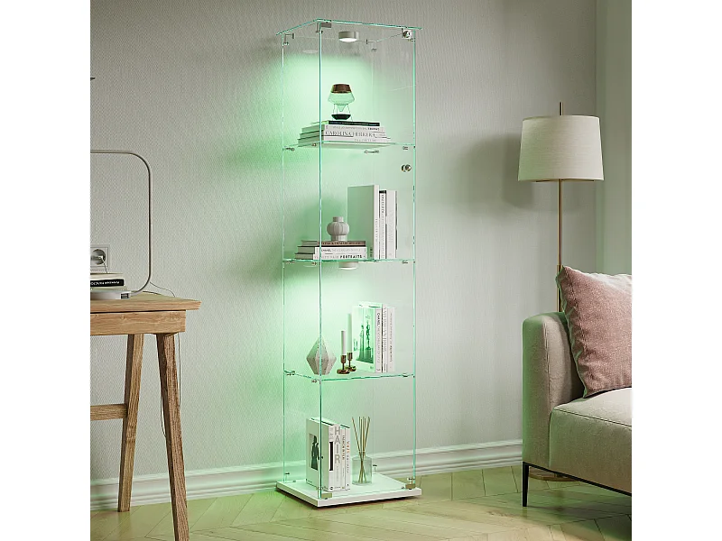Vitrine en Verre avec LED tapotement, avec Portes à Serrure et Étagères Vitrines, 163x40x35 cm,Blanc