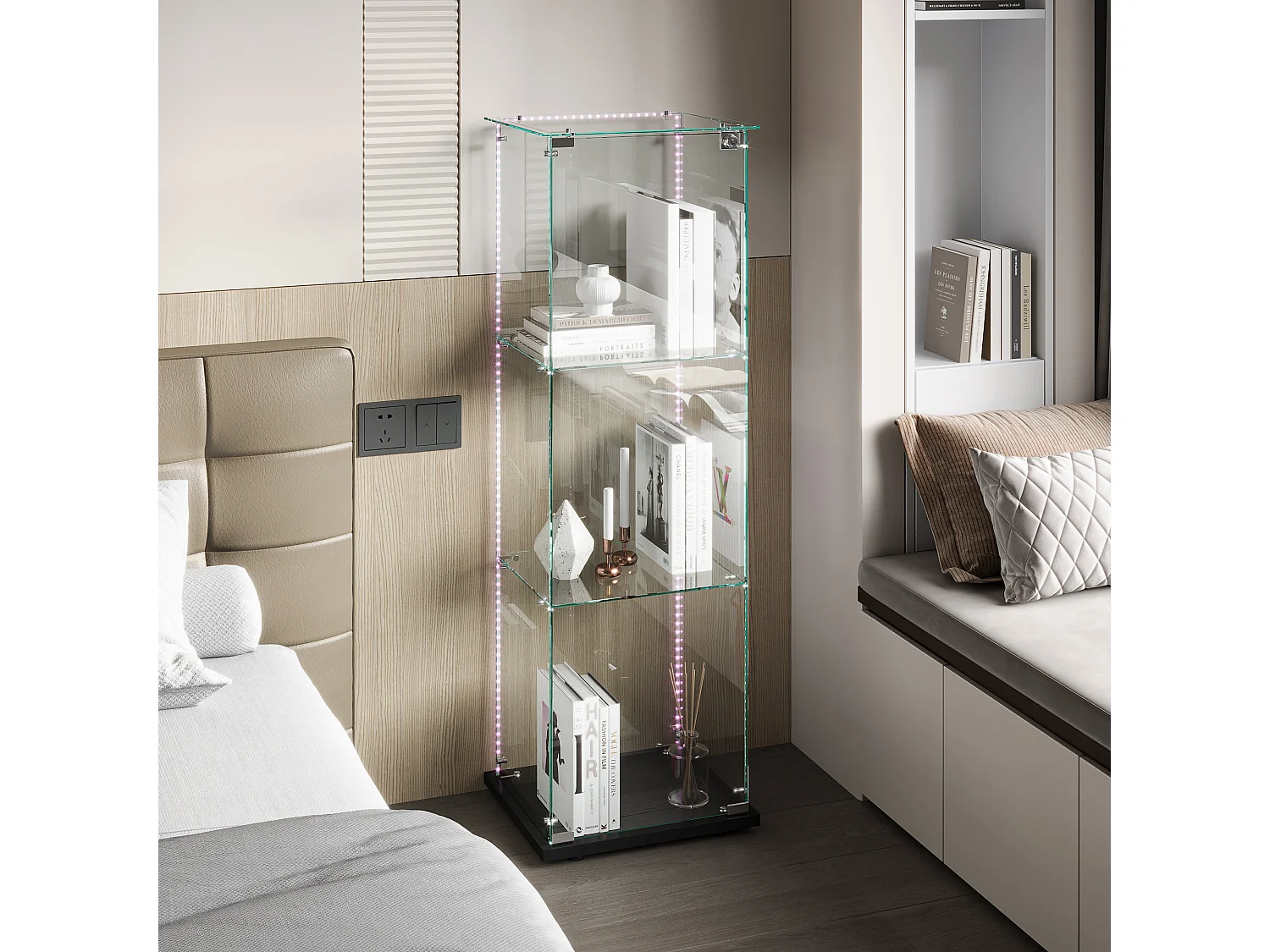 Vitrine en Verre avec LED, 1 Portes à Serrure, 3 Étagères Adjustables, 125 x 42 x 36 cm, Noir