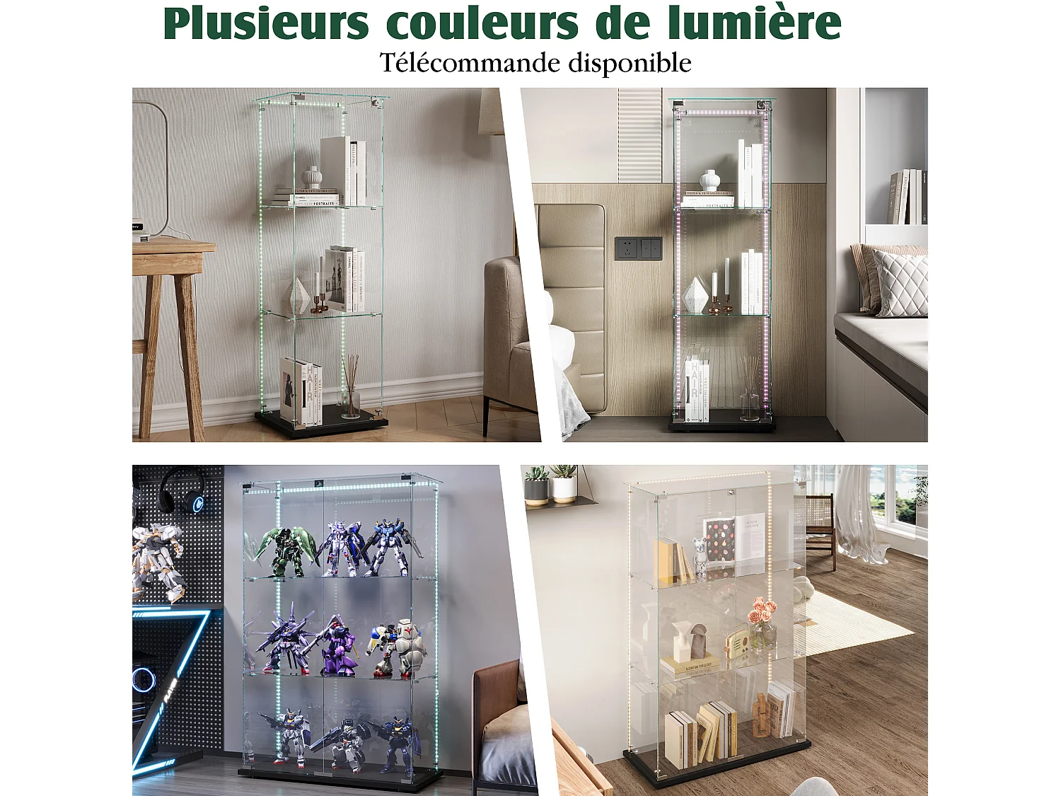 Vitrine en Verre avec LED, 1 Portes à Serrure, 3 Étagères Adjustables, 125 x 42 x 36 cm, Noir