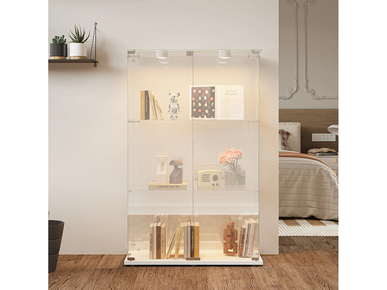 Vitrine sur pied en verre blanc avec éclairage LED à tapotement, 3 étagères et 2 portes