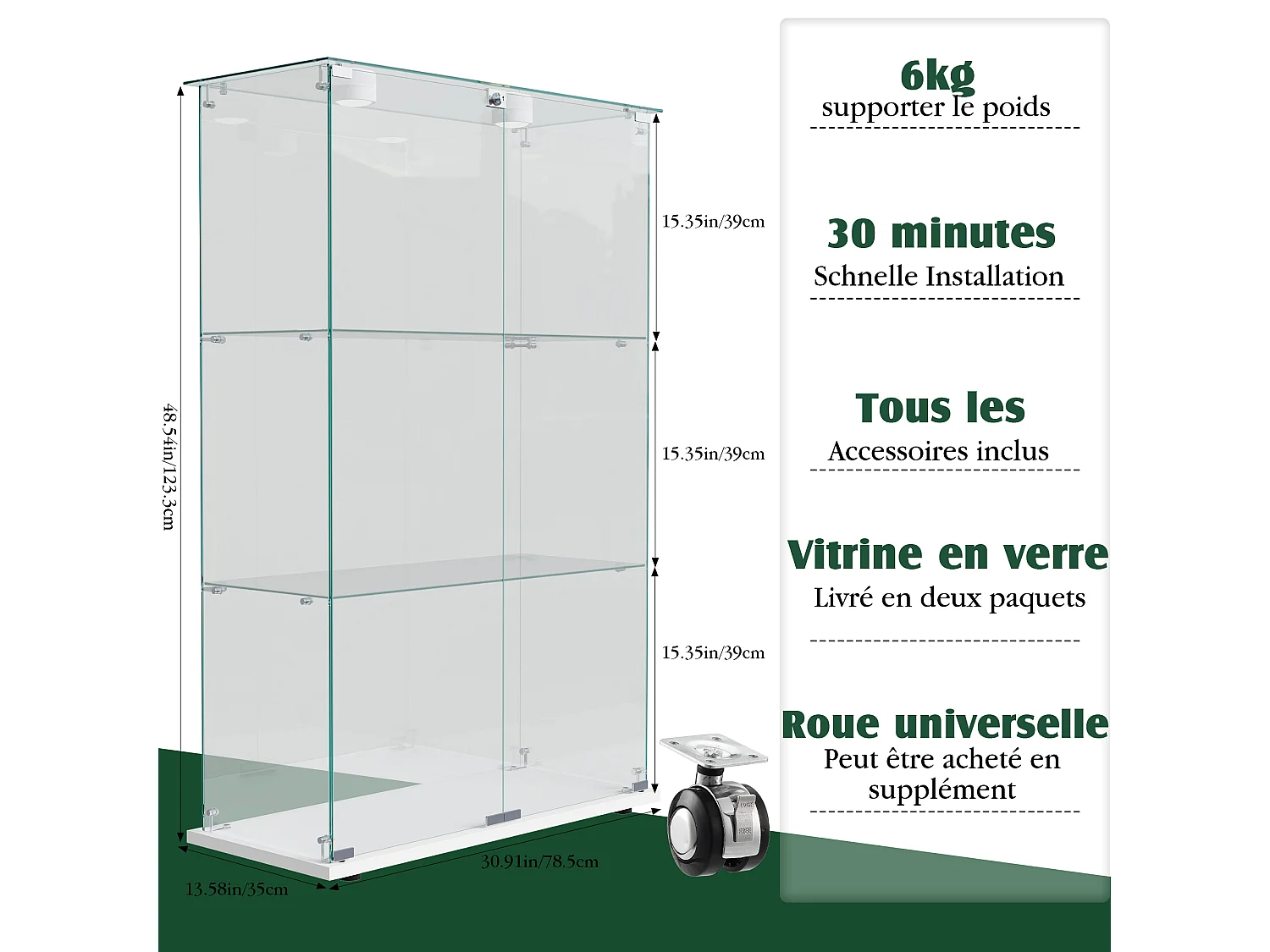 Vitrine sur pied en verre blanc avec éclairage LED à tapotement, 3 étagères et 2 portes