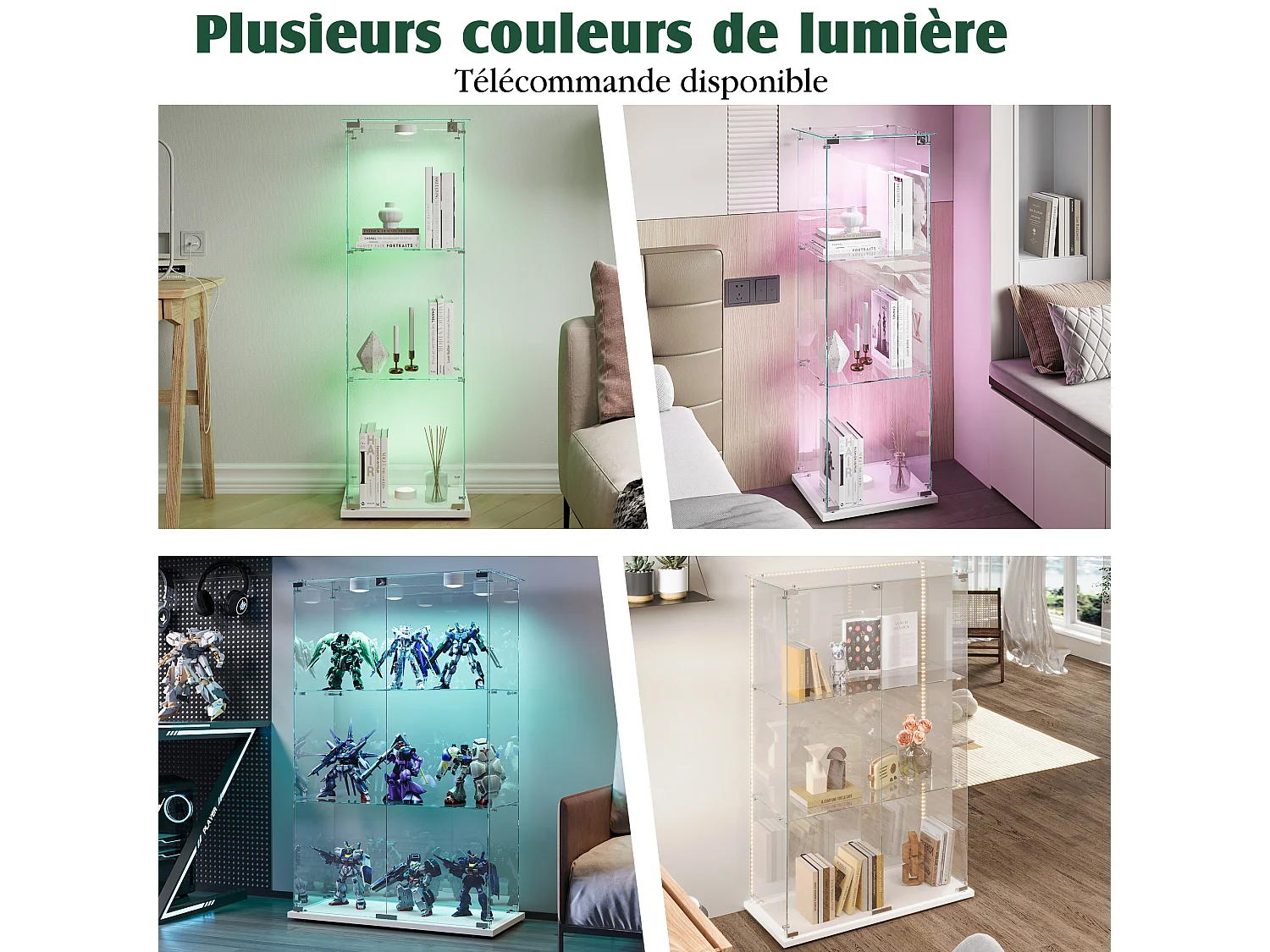 Vitrine sur pied en verre blanc avec éclairage LED à tapotement, 3 étagères et 2 portes