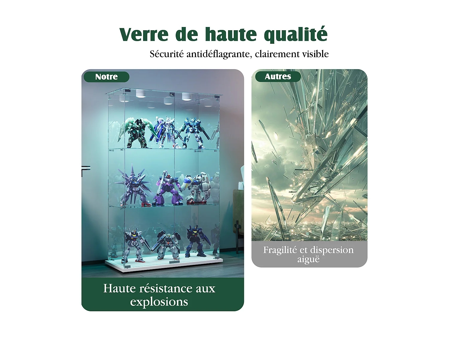 Vitrine sur pied en verre blanc avec éclairage LED à tapotement, 3 étagères et 2 portes