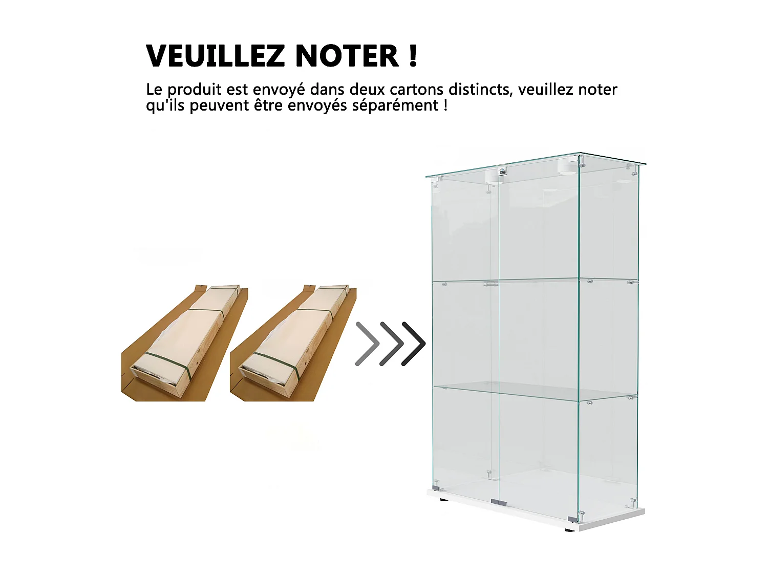 Vitrine sur pied en verre blanc avec éclairage LED à tapotement, 3 étagères et 2 portes