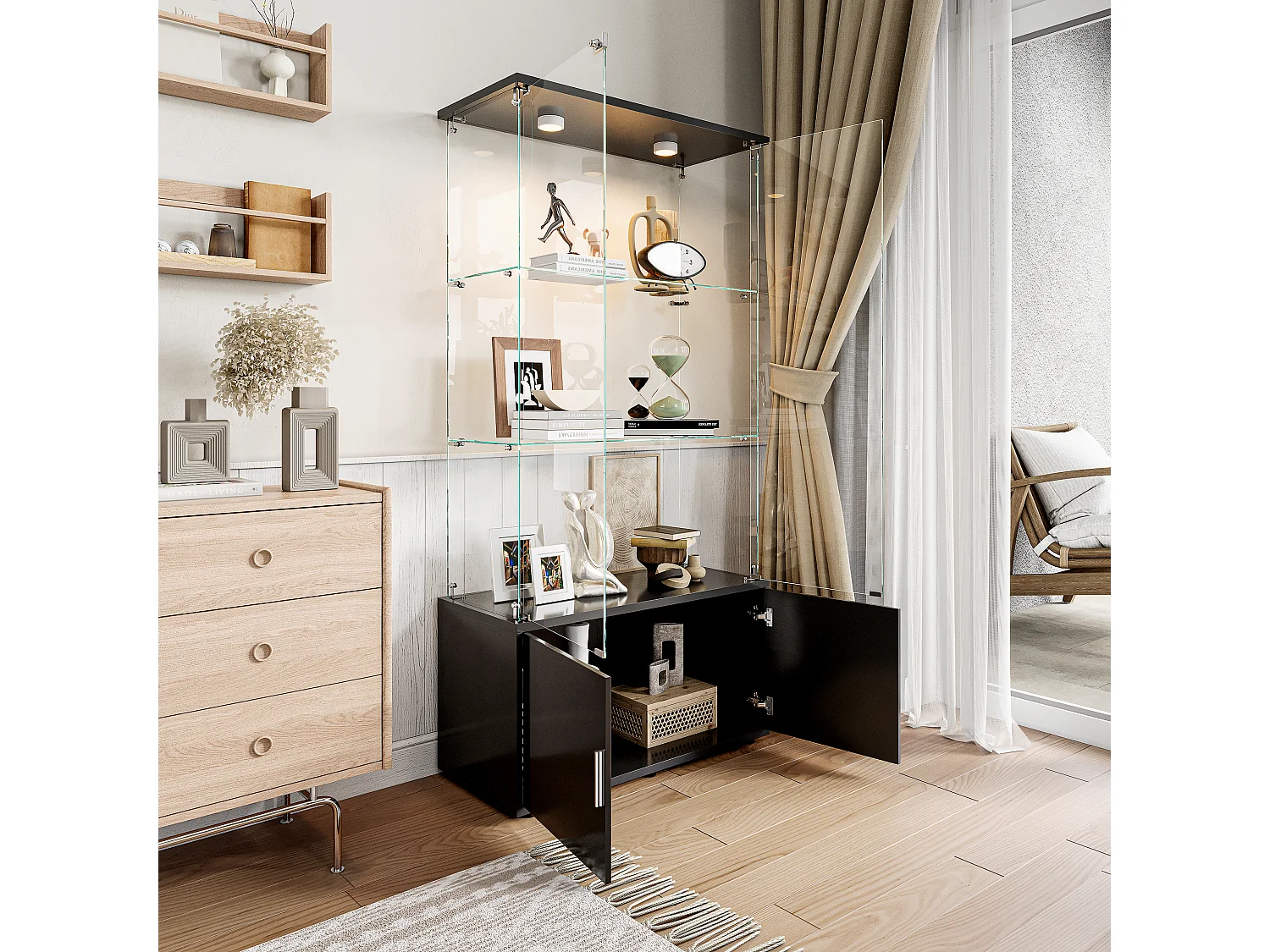 Vetrina in vetro con illuminazione LED a tocco, 4 ripiani e 4 ante, 2 ripiani regolabili, nera