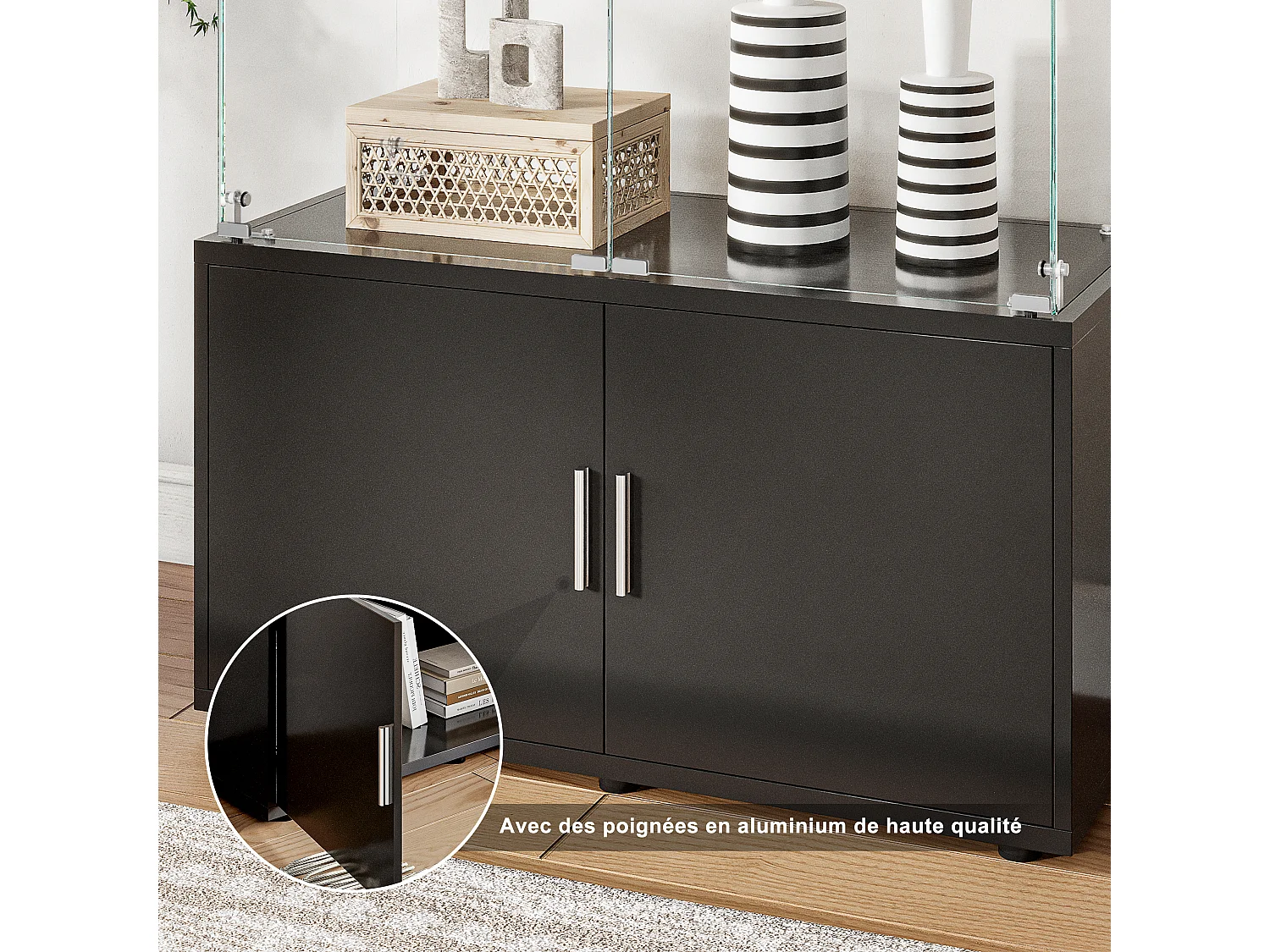 Vetrina in vetro con illuminazione LED a tocco, 4 ripiani e 4 ante, 2 ripiani regolabili, nera