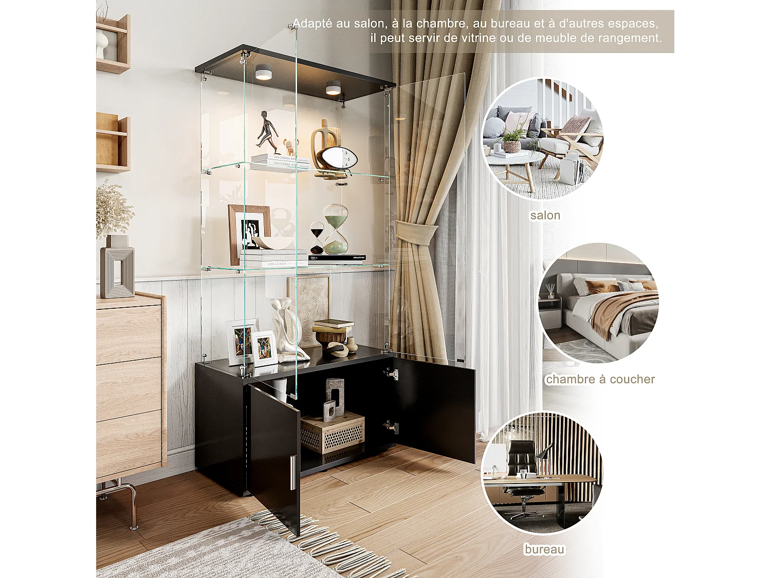 Vitrine en Verre avec LED à tapotement, 4 Étagères et 4 Portes, 2 Étagères Adjustables, Noir