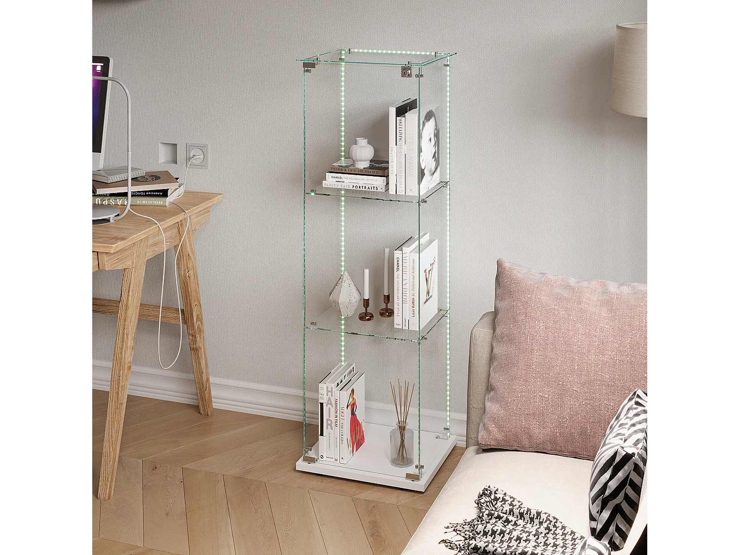 Vitrinekast met LED-verlichting, 1 afsluitbare deur, 3 verstelbare planken, 125 x 42 x 36 cm, Wit