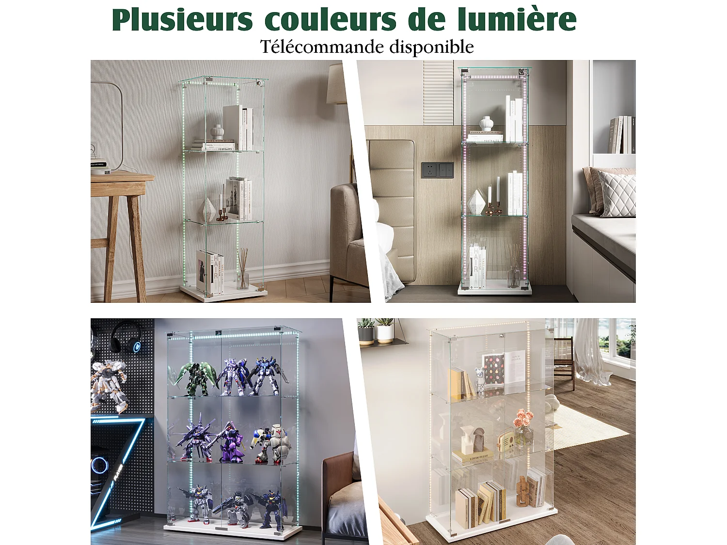 Vitrinekast met LED-verlichting, 1 afsluitbare deur, 3 verstelbare planken, 125 x 42 x 36 cm, Wit
