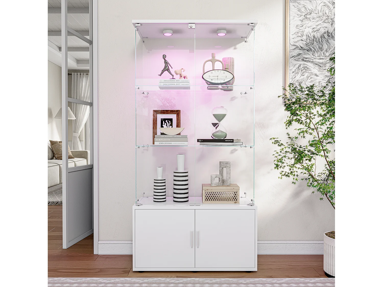 Vitrina de cristal con iluminación LED táctil, 4 estantes y 4 puertas, 2 estantes ajustables, blanca