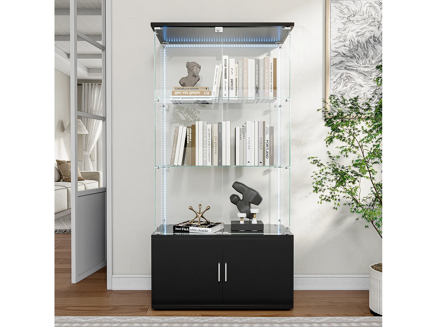 Vetrina in vetro con illuminazione a LED, 4 ripiani e 4 ante, 2 ripiani regolabili, 164x78,51x35 cm, nero