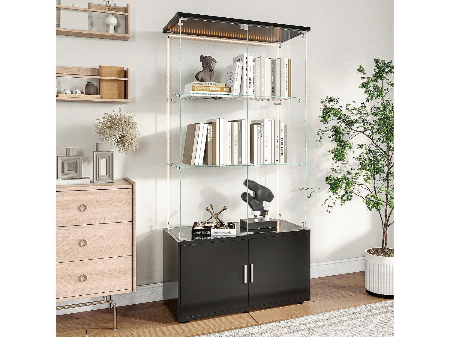 Glasvitrine mit LED-Beleuchtung, 4 Einlegeböden und 4 Türen, 2 verstellbare Einlegeböden, 164 x 78,51 x 35 cm, Schwarz