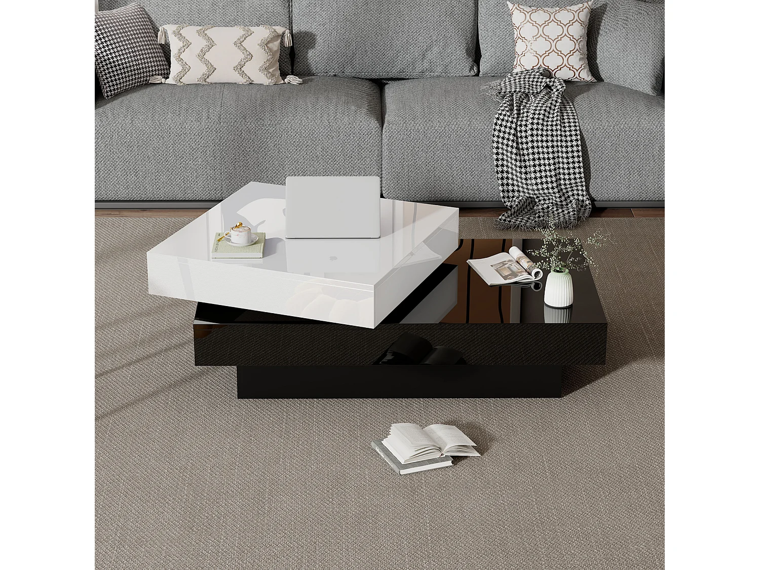 Mesa de centro moderna - Mesa de centro giratoria - para oficina, sala de estar, blanco y negro, 103 x 60 x 35 cm